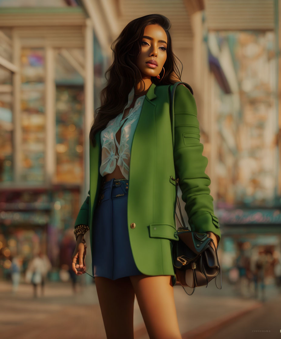 Stylish woman in green blazer and blue shorts on city street at golden hour