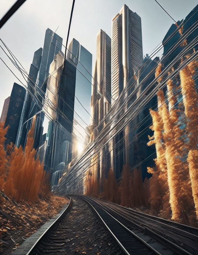 Urban canyon: Railroad tracks, skyscrapers, autumn trees