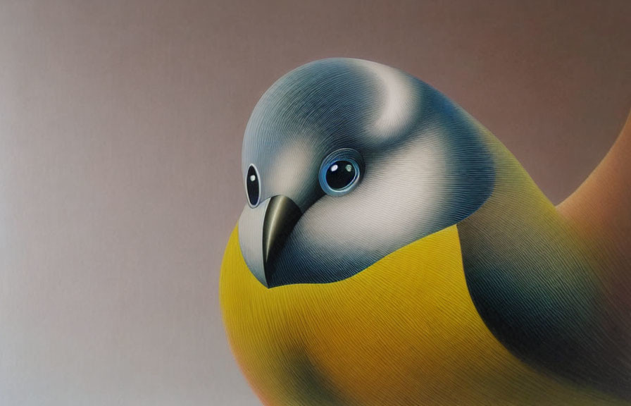 Gray-headed bird with white cheeks and black eyes on yellow body against gradient backdrop