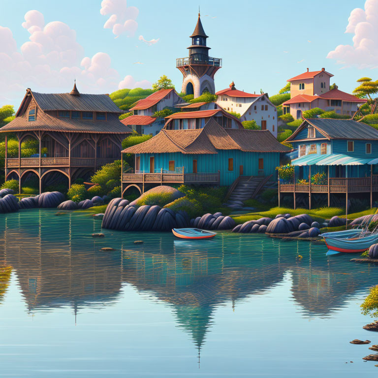 Picturesque Lakeside Village with Wooden Houses and Colorful Boats