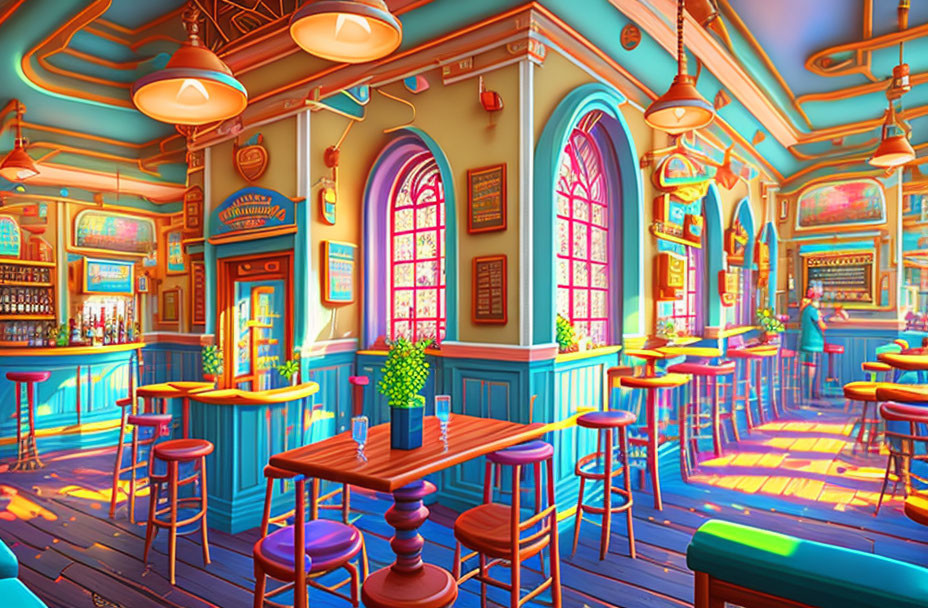 Colorful interior of empty diner with bar stools, tables, large windows, and eclectic decor