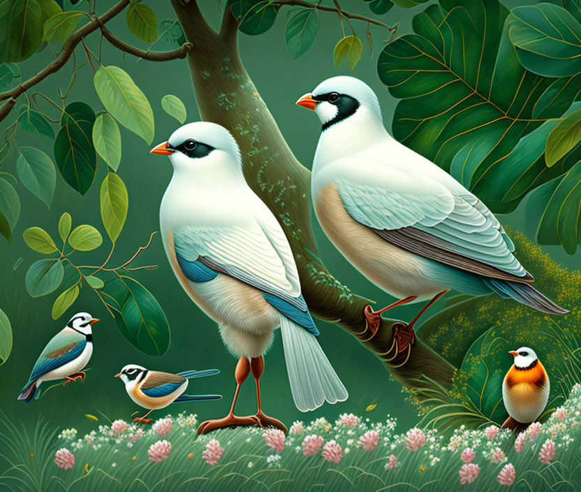 White and Blue Birds with Small Birds in Nature Illustration