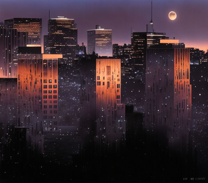 Twilight city skyline with illuminated buildings and full moon