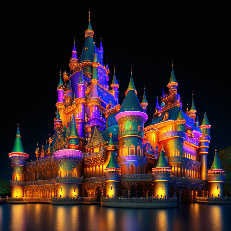 Fantastical castle illuminated by blue and purple lights at night reflected in water