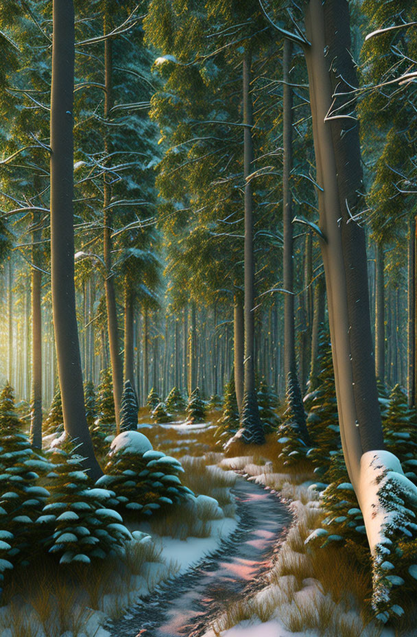 Scenic winter forest with tall pines, snow-covered ground, winding path, and warm sunlight.