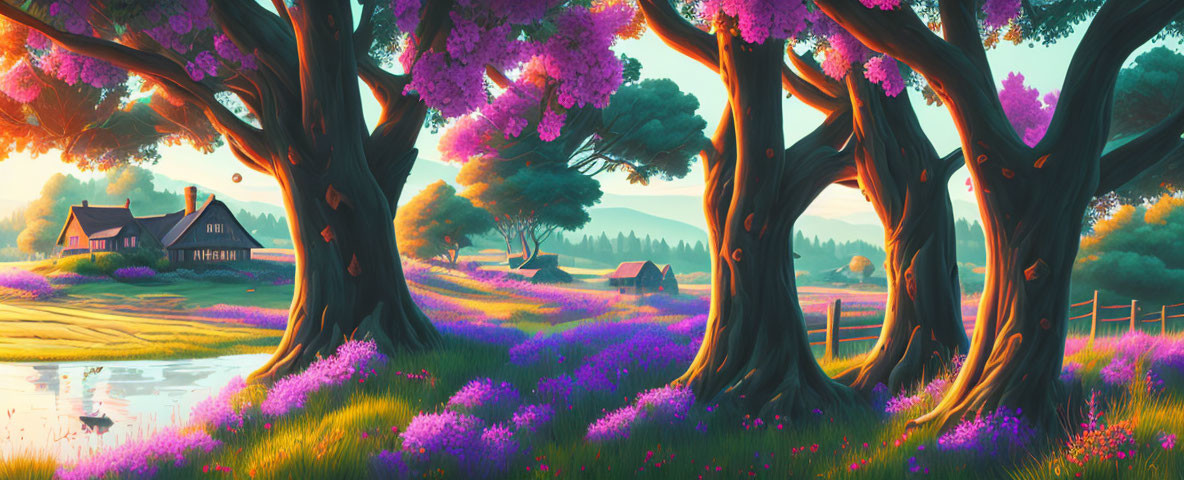 Tranquil Sunset Scene with Purple Flowers, Trees, Cottage, and River