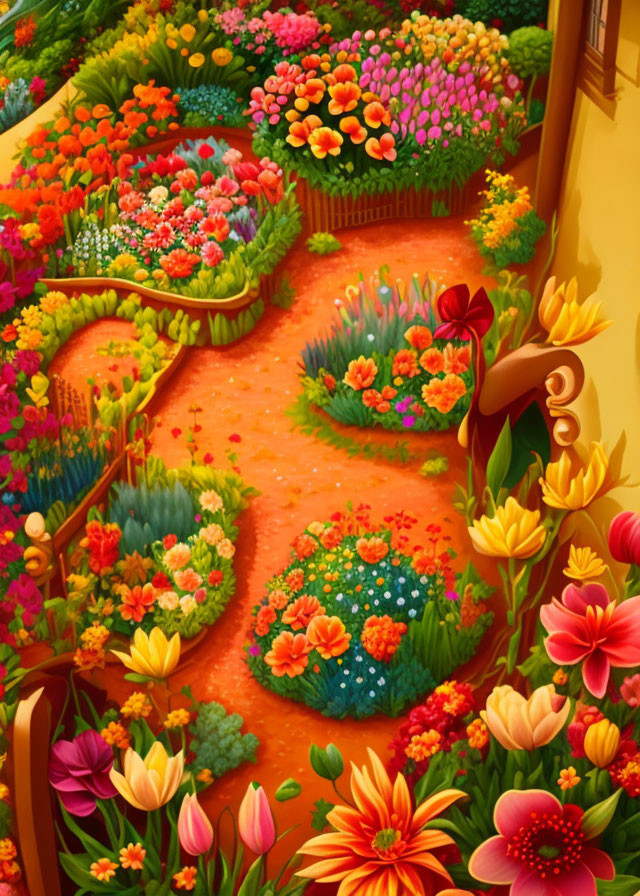 Colorful garden illustration with winding path and blooming flowers