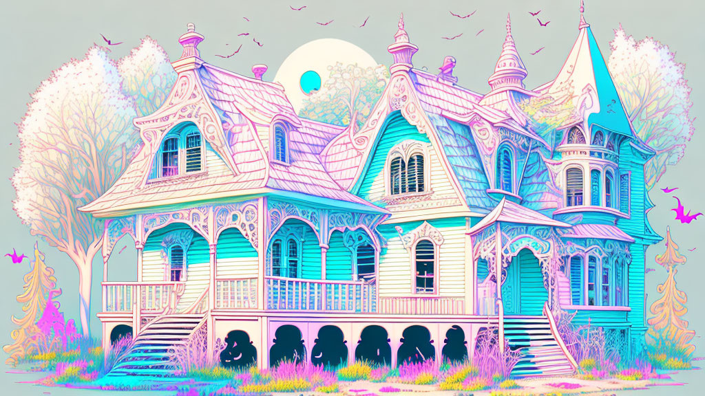 Detailed Victorian-style house illustration with whimsical trees under pastel sky