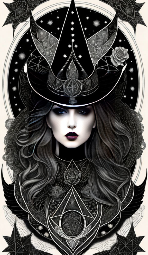 Gothic makeup woman in wide-brimmed hat with mystical symbols and celestial rose.