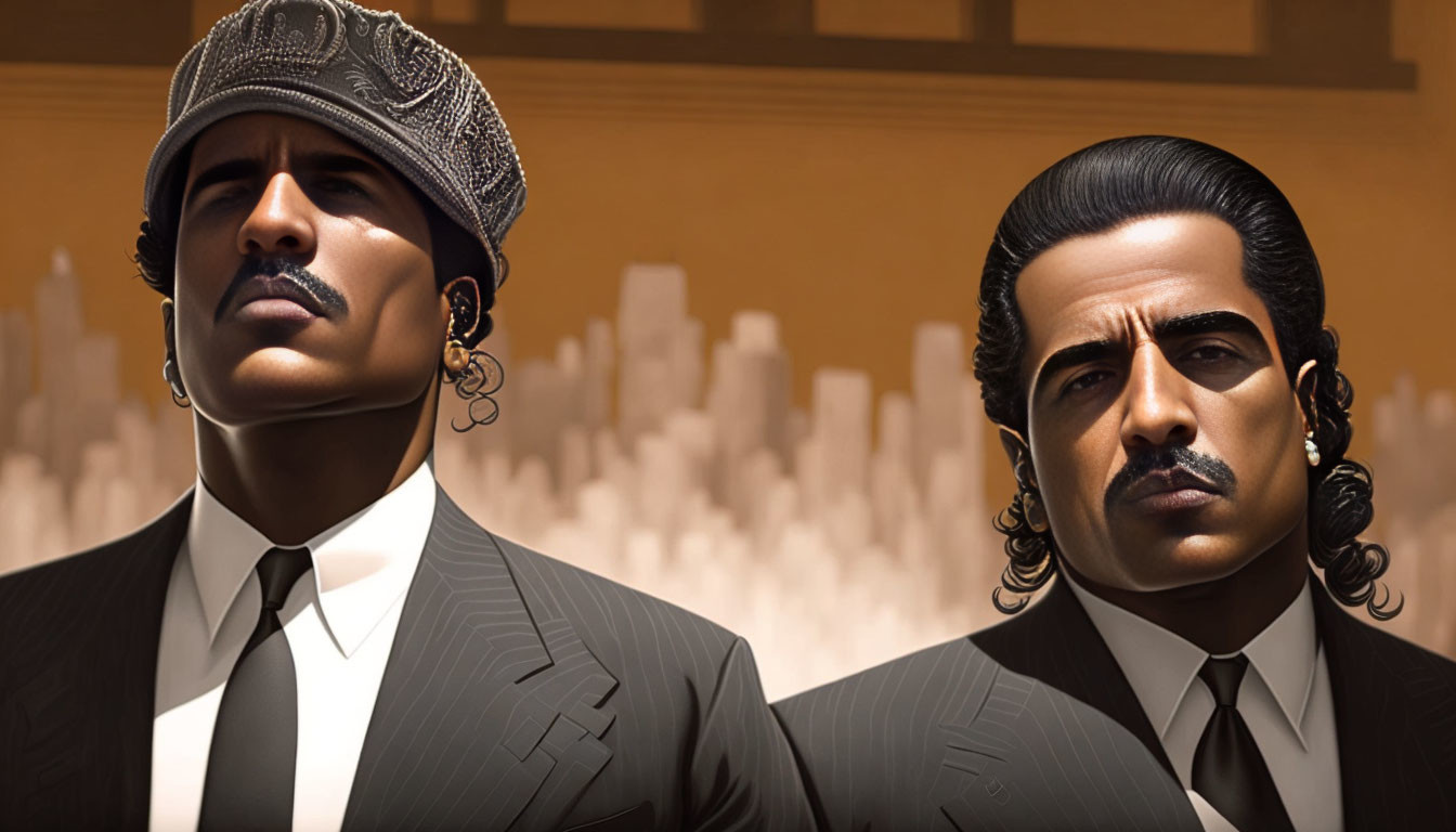 Stylized city backdrop with two animated men in suits