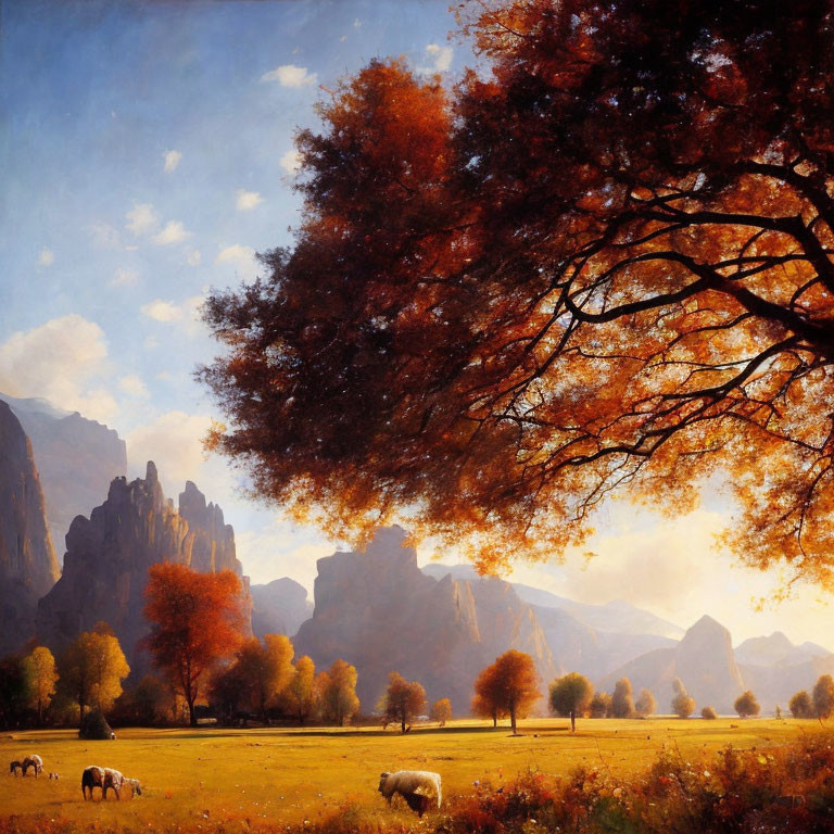 Tranquil autumn landscape with grazing sheep, sunlight, mountains, and clear sky