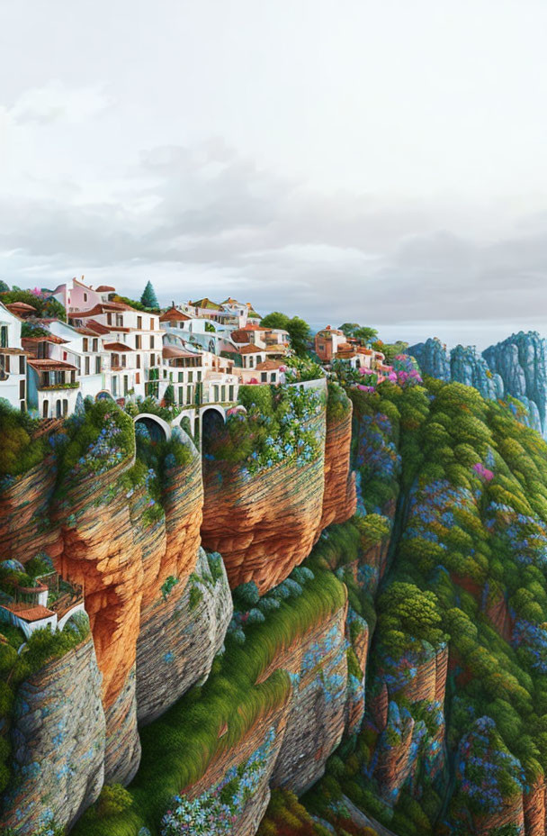 Scenic Cliffside Village with Lush Greenery & Colorful Flora