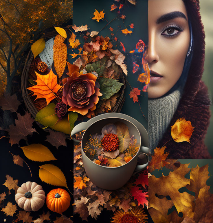 Autumn-themed collage with leaves, flowers, pumpkins, and a woman in scarf