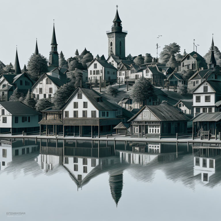 Serene European-style village illustration with reflection on water