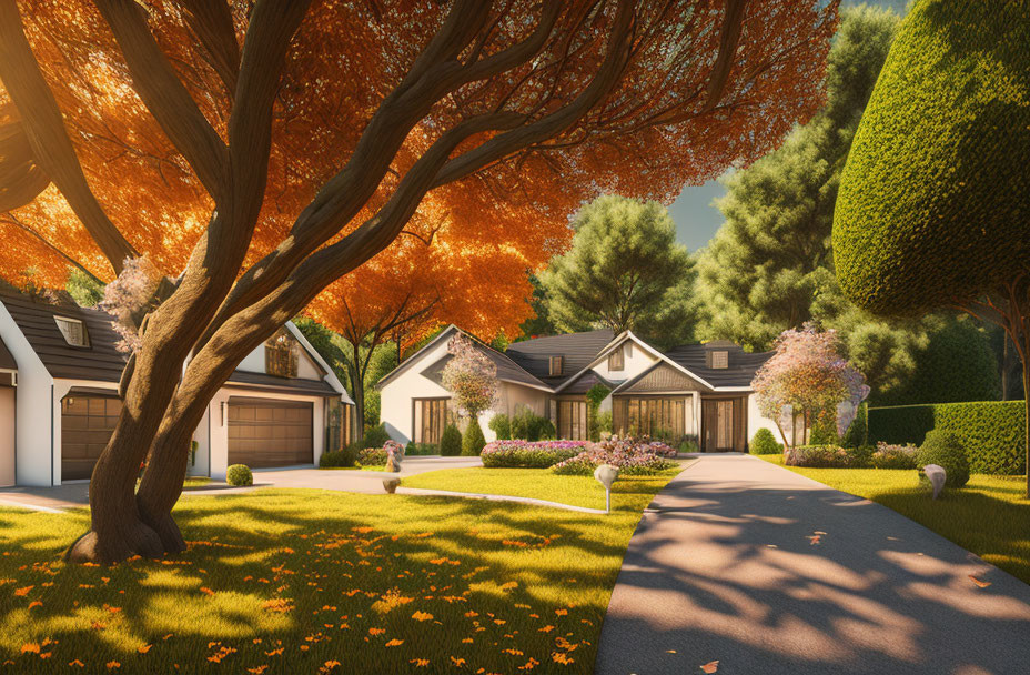 Tranquil suburban street with elegant houses and autumn foliage