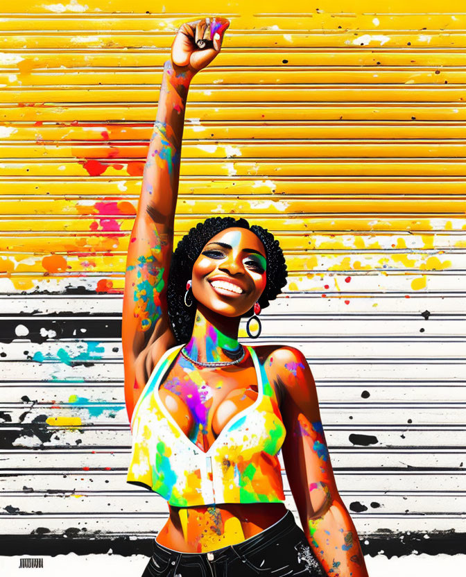 Colorful illustration: Smiling woman with raised fist on yellow backdrop