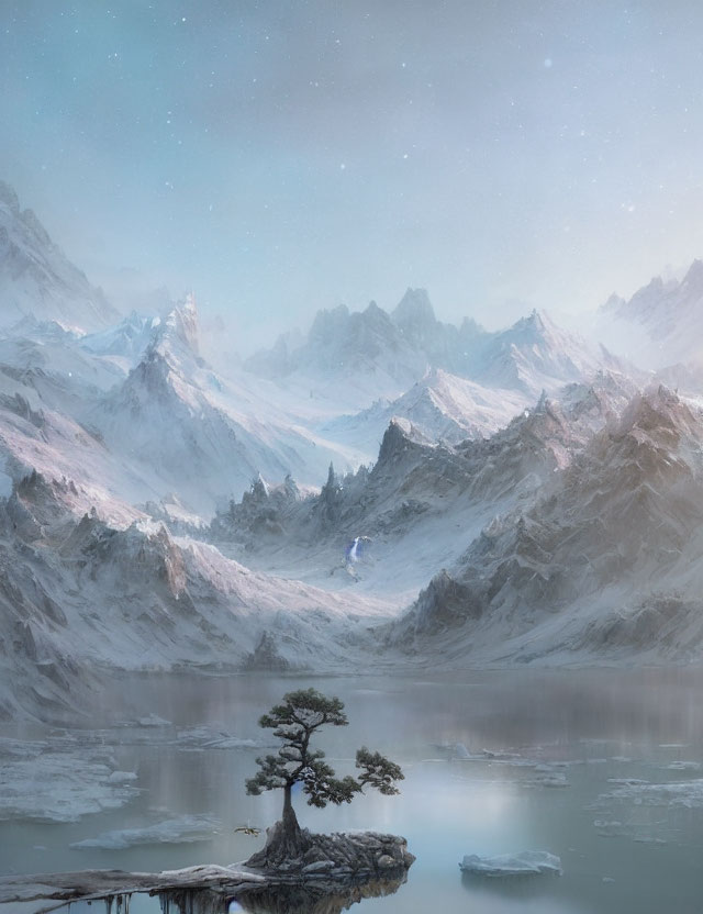 Snow-covered mountains, frozen lake, lone tree: serene starlit landscape