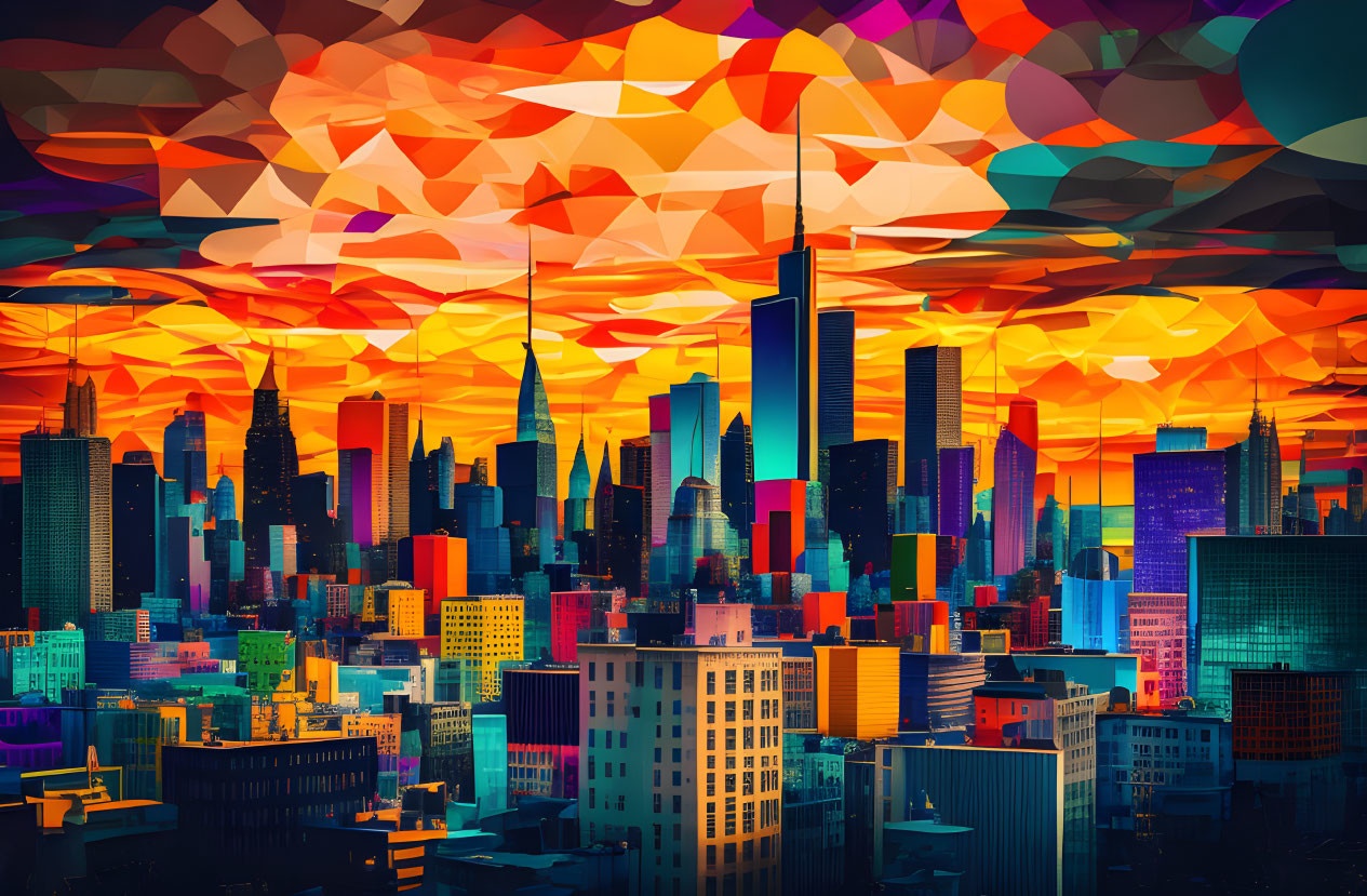 Vibrant geometric abstract art of city skyline at sunset