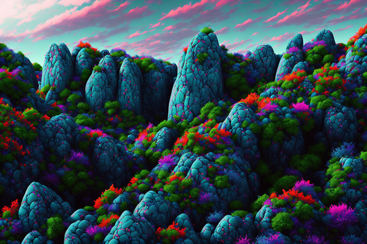 Teal rock formations and colorful flora in vibrant landscape