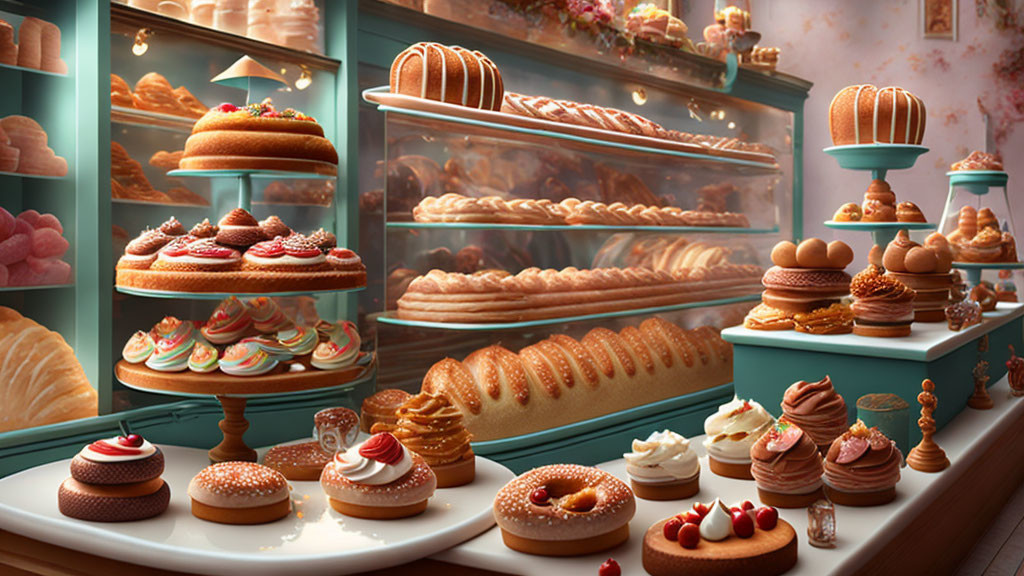 Assorted pastries in cozy bakery setting