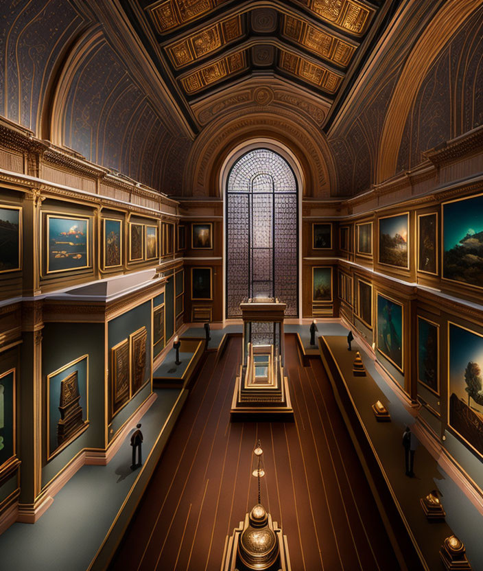 Luxurious Gallery with Arched Ceilings and Landscape Paintings