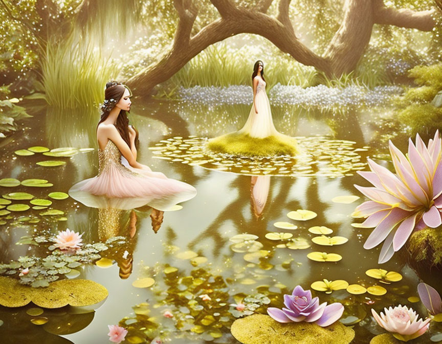 Two women in elegant dresses by a serene pond with blooming lotus flowers.