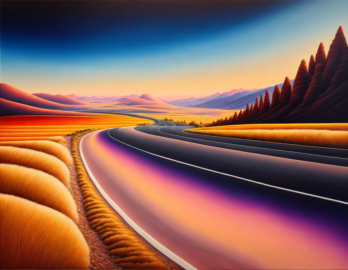 Colorful rolling hills and winding road in stylized painting