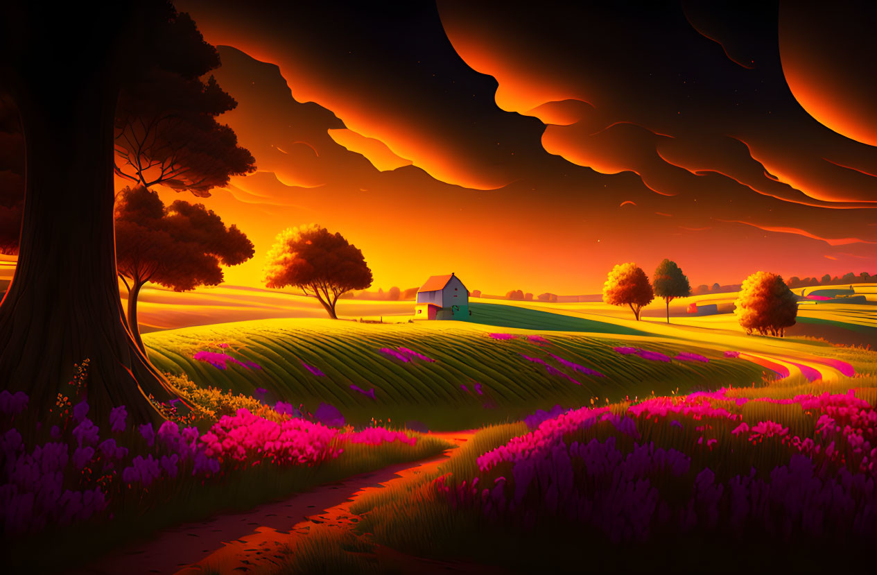 Surreal sunset landscape with purple fields, farmhouse, tree, and massive planet.