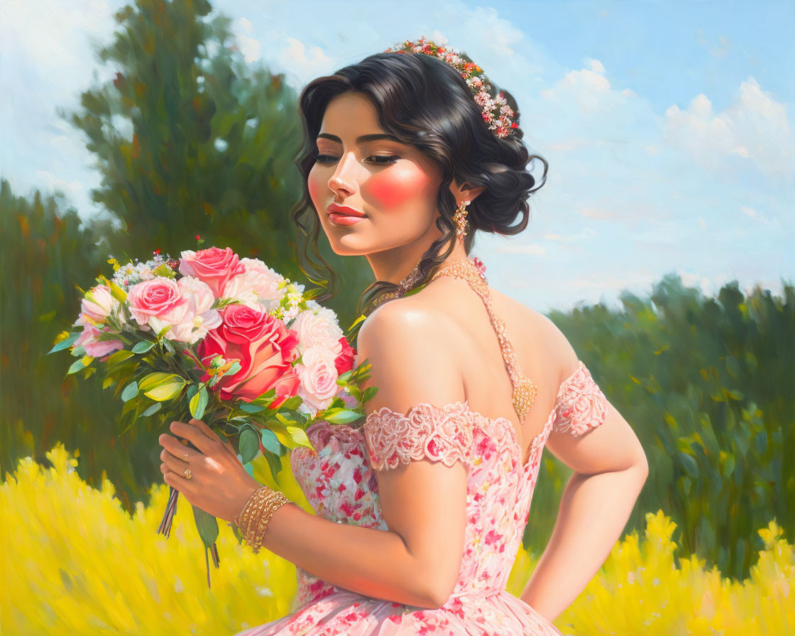 Woman in Pink Floral Dress Holding Roses in Sunny Field