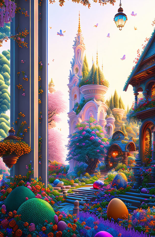 Fantastical landscape with whimsical castle, colorful flora, lanterns, and butterflies