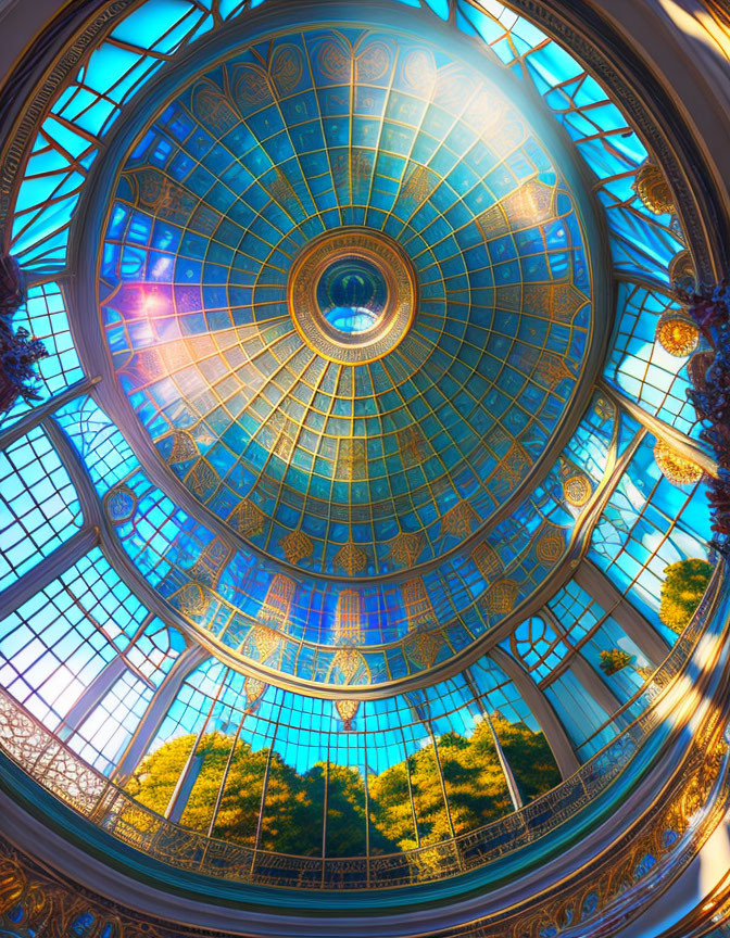 Intricate patterns and vibrant blue hues in glass dome ceiling