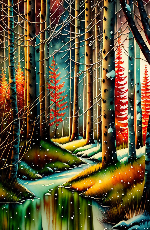 Colorful forest painting with snowy ground and streams under twilight sky