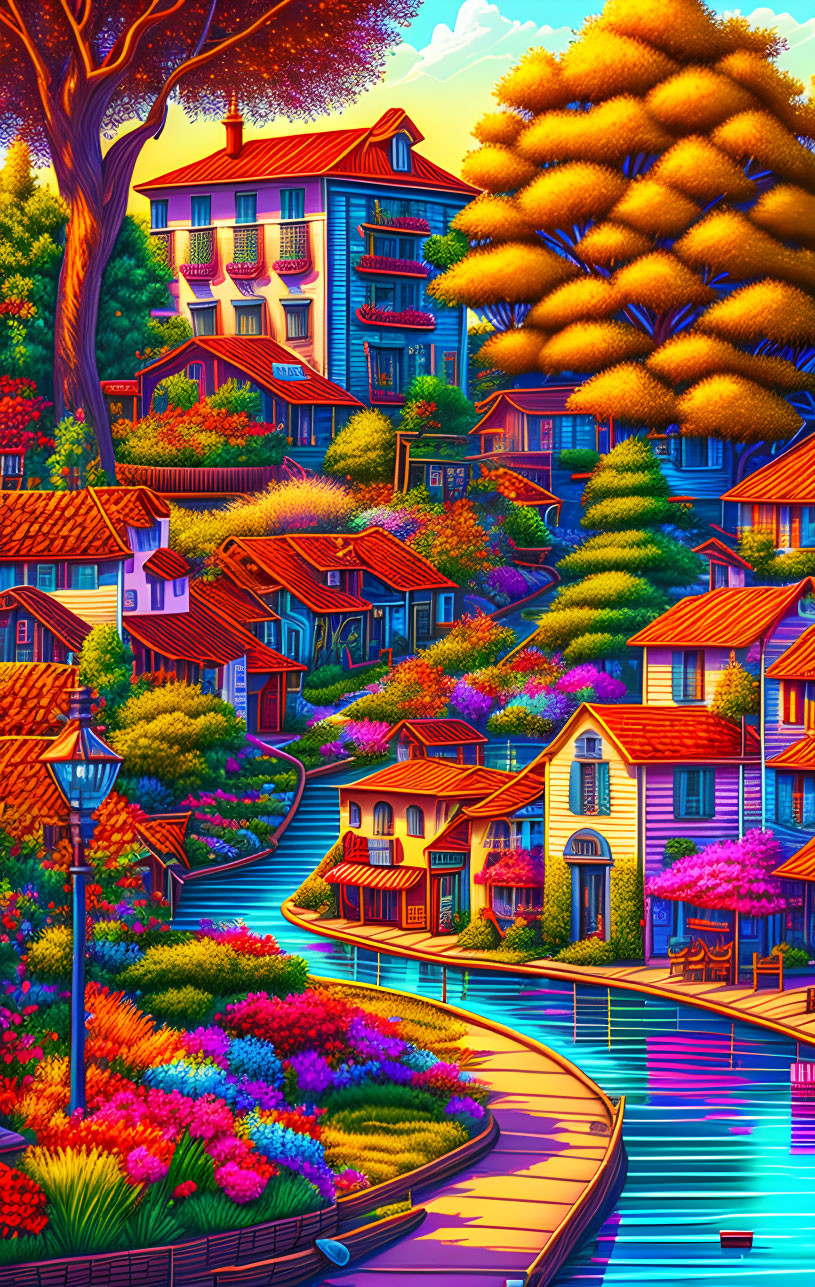 Colorful illustration: Quaint town with houses, gardens, riverfront path, golden tree-lined street