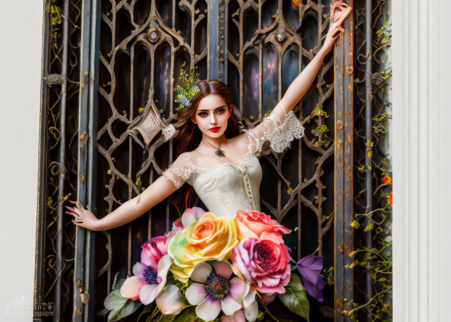 Dark-Haired Woman in Lacy Dress Surrounded by Colorful Flowers at Ornate Black Gate