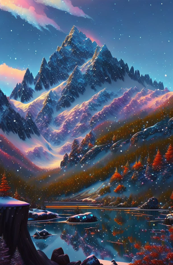 Snowy Mountain Reflecting in Still Lake Under Starlit Sky