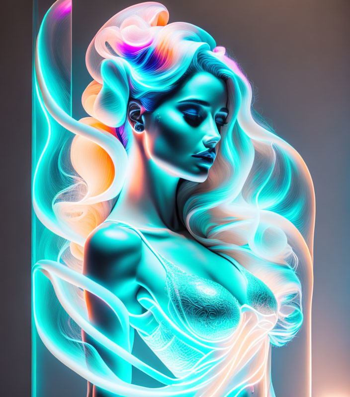 Digital Art: Neon-lit Woman with Flowing Hair in Cool Blues and Warm Pinks