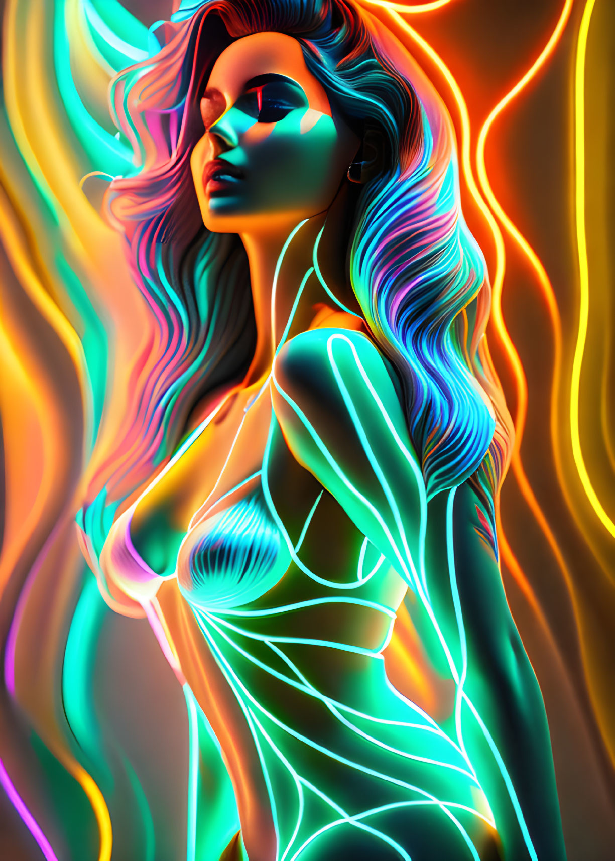 Neon-lit digital art of a woman with flowing hair in vibrant colors