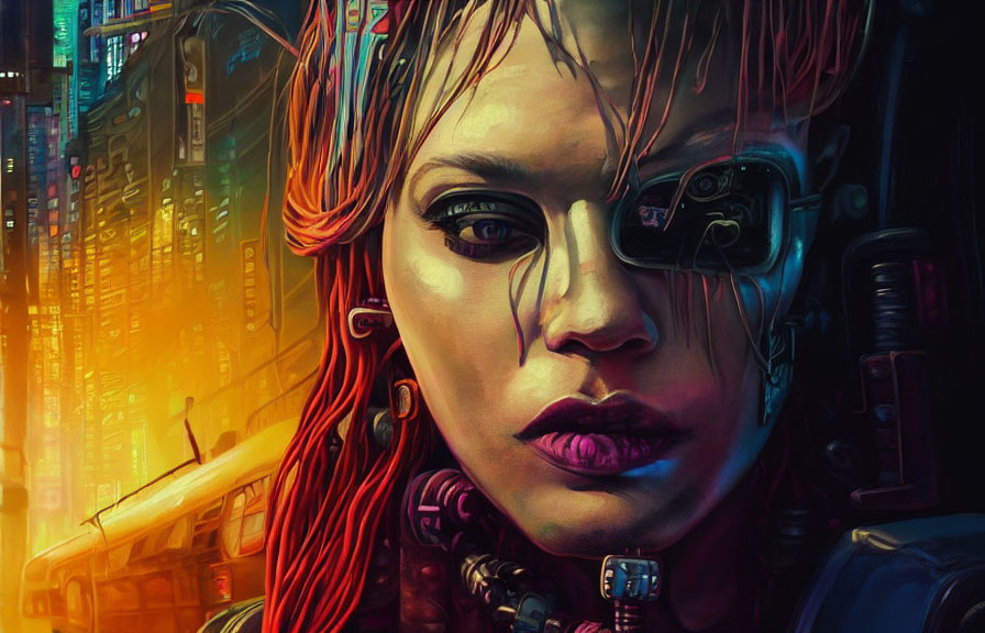 Futuristic cyberpunk portrait of red-haired woman with eyepiece