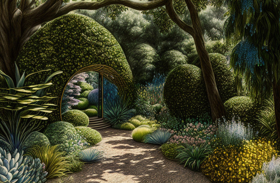 Tranquil garden path with manicured shrubbery and arched trees surrounded by lush plants.