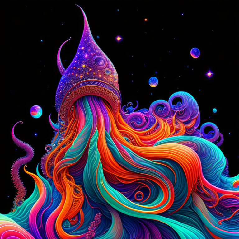 Colorful Psychedelic Cosmic Squid in Starry Space