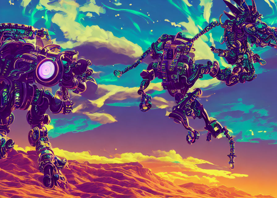 Intricately designed mechanical robots in vibrant alien desert landscape