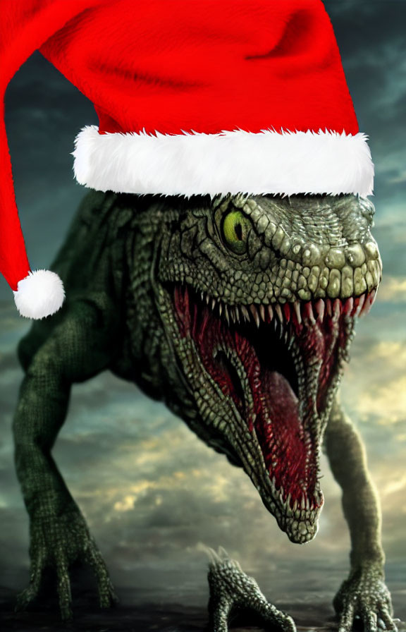 Dinosaur with sharp teeth in Santa hat under stormy sky