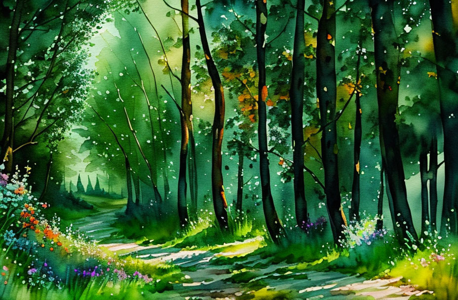 Lush Forest Path Watercolor Painting with Vibrant Greenery