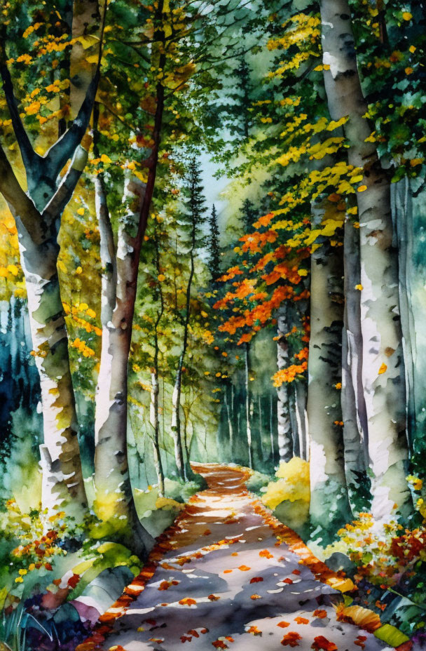 Autumn forest path watercolor painting with vibrant colors