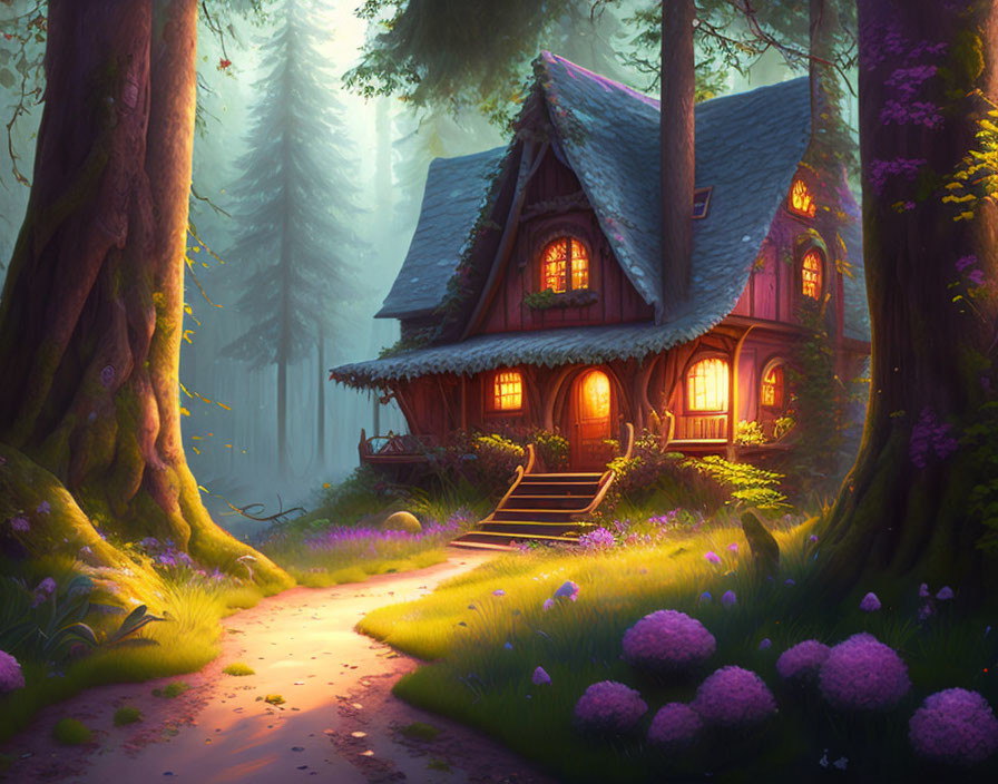 Enchanting Cottage in Mystical Forest with Glowing Windows