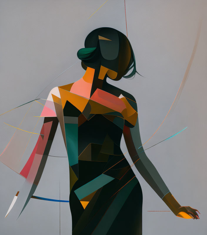 Colorful Geometric Abstract Art of Woman in Profile on Grey Background