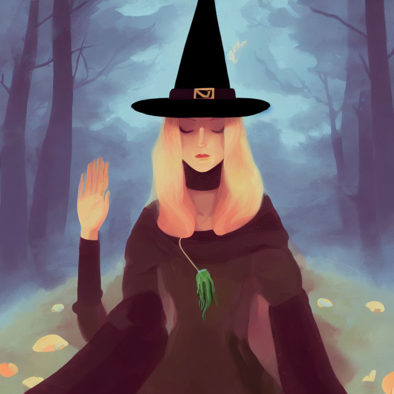 Blonde witch in black outfit and hat in misty forest with glowing mushrooms and green leaf