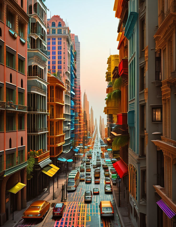 Vibrant urban street at sunset with high-rise buildings, traffic, and pedestrians