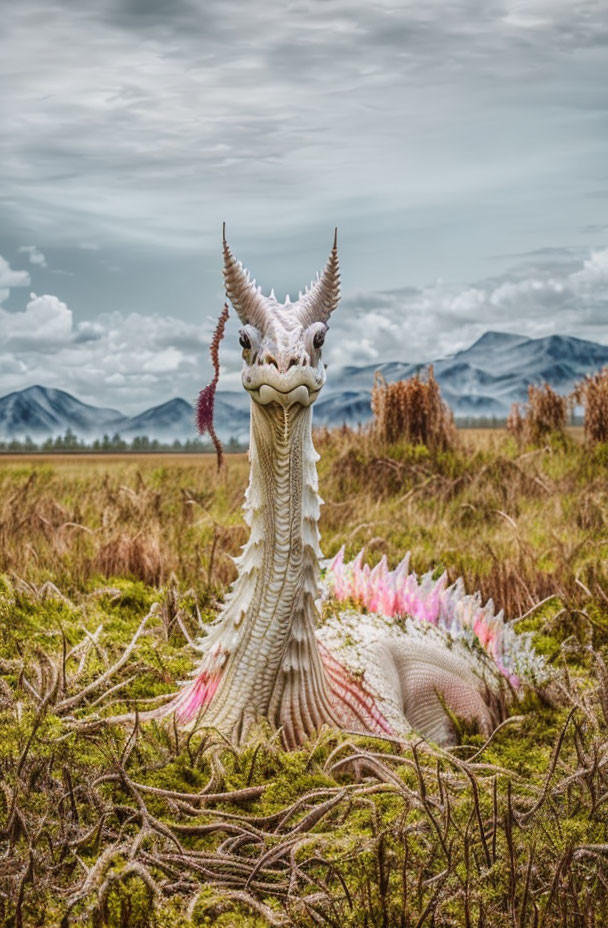 White Dragon-Like Creature in Grass Field with Mountains