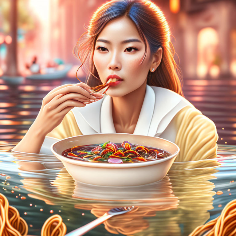 Woman Eating Colorful Noodles by Water Reflection